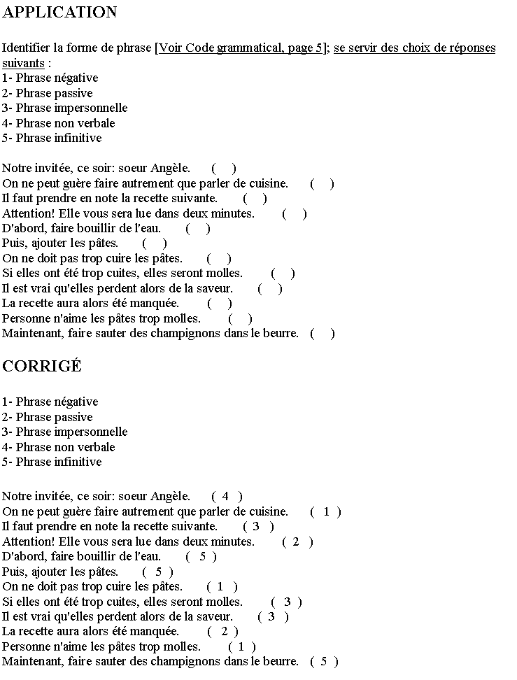 Zone de Texte: APPLICATIONIdentifier la forme de phrase [Voir Code grammatical, page 5]; se servir des choix de rponses suivants :1- Phrase ngative2- Phrase passive3- Phrase impersonnelle	4- Phrase non verbale5- Phrase infinitiveNotre invite, ce soir: soeur Angle.      (     )On ne peut gure faire autrement que parler de cuisine.      (     )Il faut prendre en note la recette suivante.       (     )Attention! Elle vous sera lue dans deux minutes.        (     )D'abord, faire bouillir de l'eau.       (     )Puis, ajouter les ptes.       (     )On ne doit pas trop cuire les ptes.       (     )Si elles ont t trop cuites, elles seront molles.        (     )Il est vrai qu'elles perdent alors de la saveur.       (     )La recette aura alors t manque.        (     )Personne n'aime les ptes trop molles.        (     )Maintenant, faire sauter des champignons dans le beurre.   (     )CORRIG1- Phrase ngative2- Phrase passive3- Phrase impersonnelle 4- Phrase non verbale5- Phrase infinitiveNotre invite, ce soir: soeur Angle.      (  4   )On ne peut gure faire autrement que parler de cuisine.      (   1  )Il faut prendre en note la recette suivante.       (  3   )Attention! Elle vous sera lue dans deux minutes.        (  2   )D'abord, faire bouillir de l'eau.       (   5  )Puis, ajouter les ptes.       (   5  )On ne doit pas trop cuire les ptes.       (  1   )Si elles ont t trop cuites, elles seront molles.        (   3  )Il est vrai qu'elles perdent alors de la saveur.       (  3   )La recette aura alors t manque.        (   2  )Personne n'aime les ptes trop molles.        (  1  )Maintenant, faire sauter des champignons dans le beurre.   (  5  )